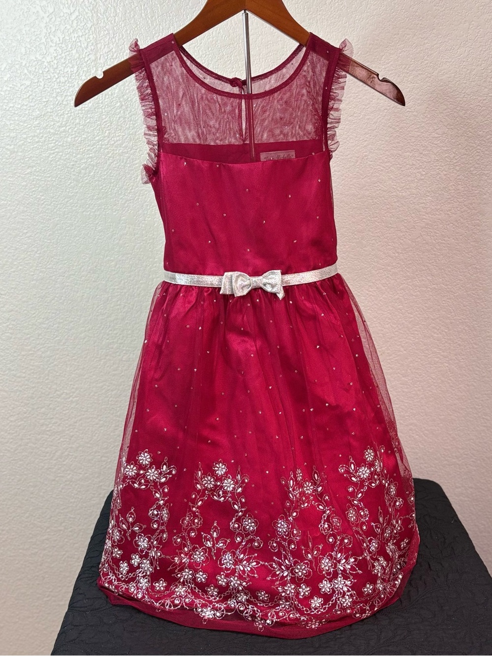 Jona Michelle Raspberry Tulle Embroidered Party Dress with Silver Bow
